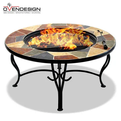 High Efficient Slate Top Table Poker Style Powerful Garden Wood-Fire Steel Bowl Fire Pit with BBQ Grill