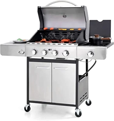 4-Burner Propane Gas Grill with Side Burner and Porcelain-Enameled Cast Iron Grates 42, 000BTU Outdoor Cooking Stainless Steel BBQ Grills, Silver