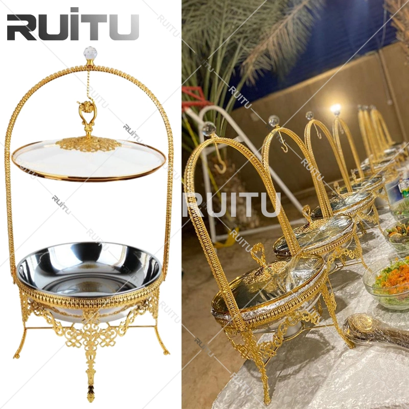 Big Capacity Round Gold Flower Decorative Diamond Crystal Hanging Type Alcohol Chafing Dish Buffet Set with Hook Glass Cover Golden Food Warm Buffet Stove