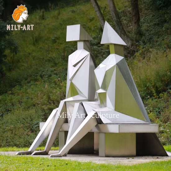 Polished Abstract Stainless Steel Sitting Figures Sculpture