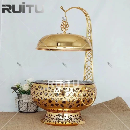 Big Capacity Round Gold Flower Decorative Diamond Crystal Hanging Type Alcohol Chafing Dish Buffet Set with Hook Glass Cover Golden Food Warm Buffet Stove